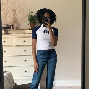 Perfect Moment Athletic Top in Navy Blue White